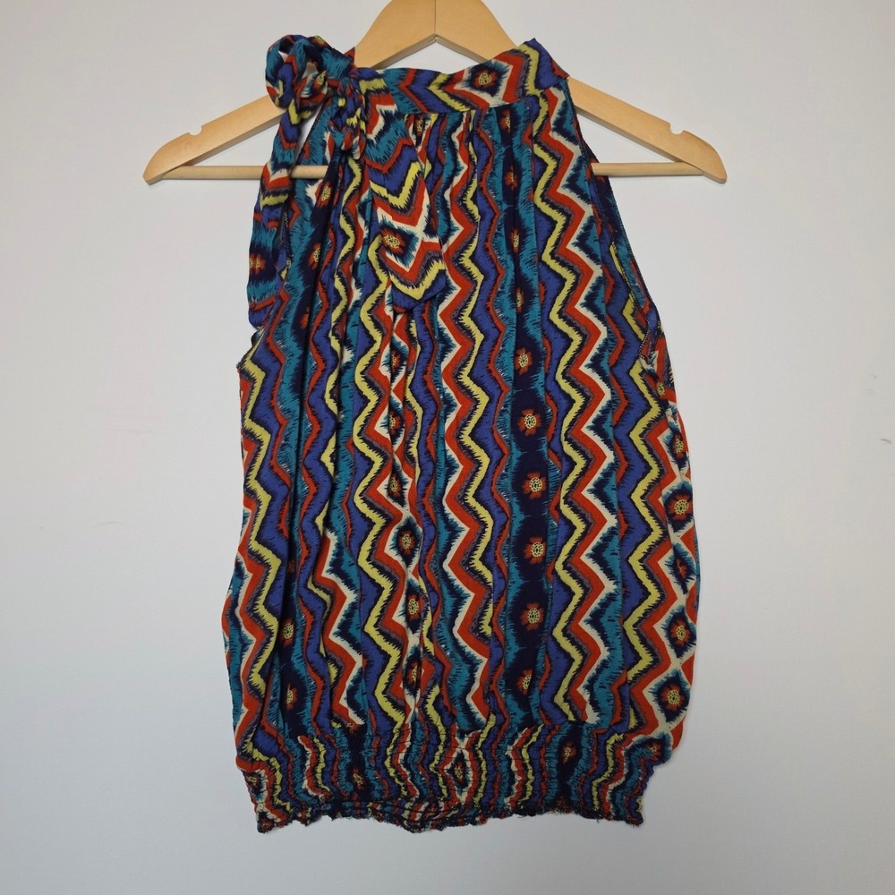 QED London Geometric Ikat Print Tie Neck Smocked Hem Blouse Blue Red Size S/M